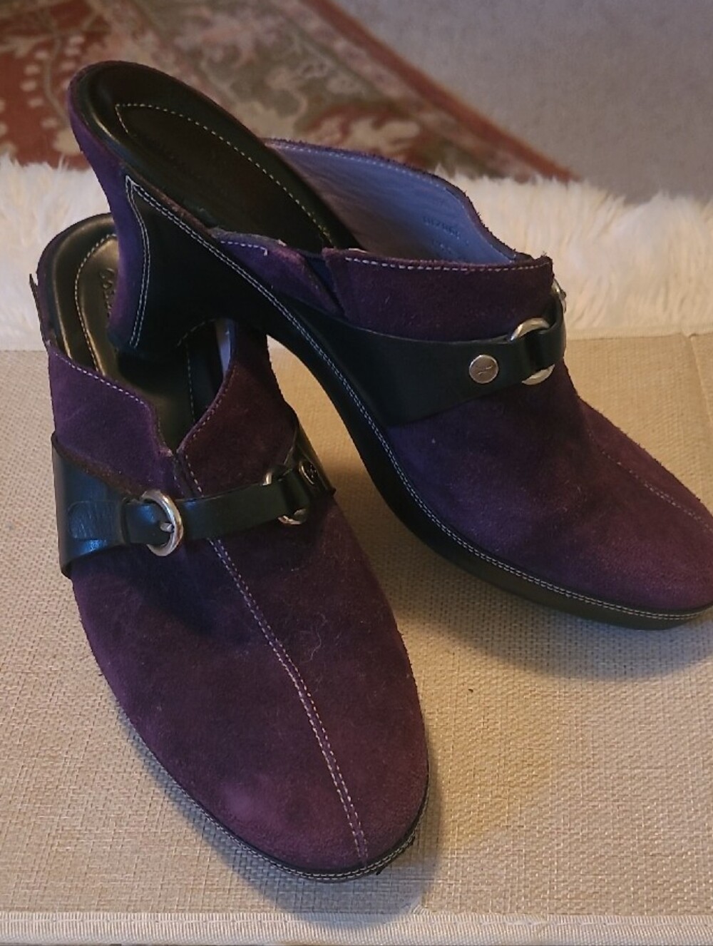 Cole Haan Purple Suede Mule Heels with Black Leather Trim